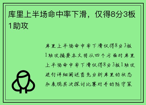 库里上半场命中率下滑，仅得8分3板1助攻